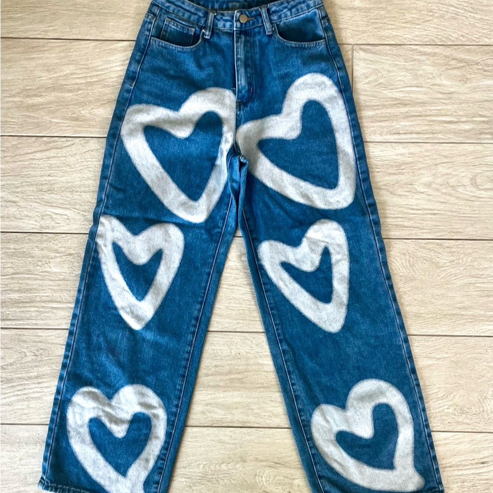 High Waist Heart Print Wide Leg Blue Jeans XS Women’s